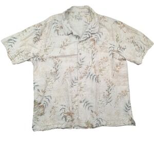 Hawaiian Shirt Mens XXL 100 Silk Cream‎ Palm Leaf Sketch Print Batik Bay